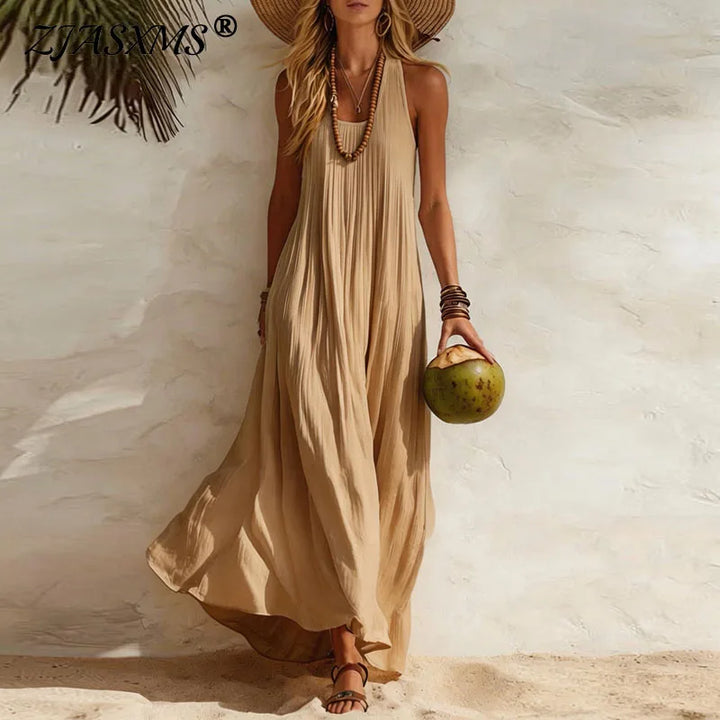 Khaki Flowy U-Neck Boho Maxi Dress worn lifestyle alternate