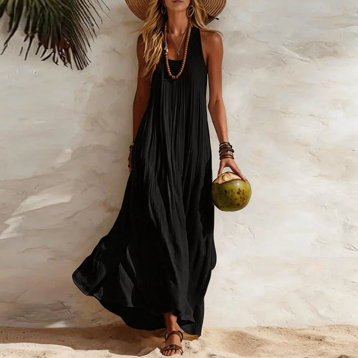 Black Flowy U-Neck Boho Maxi Dress worn lifestyle