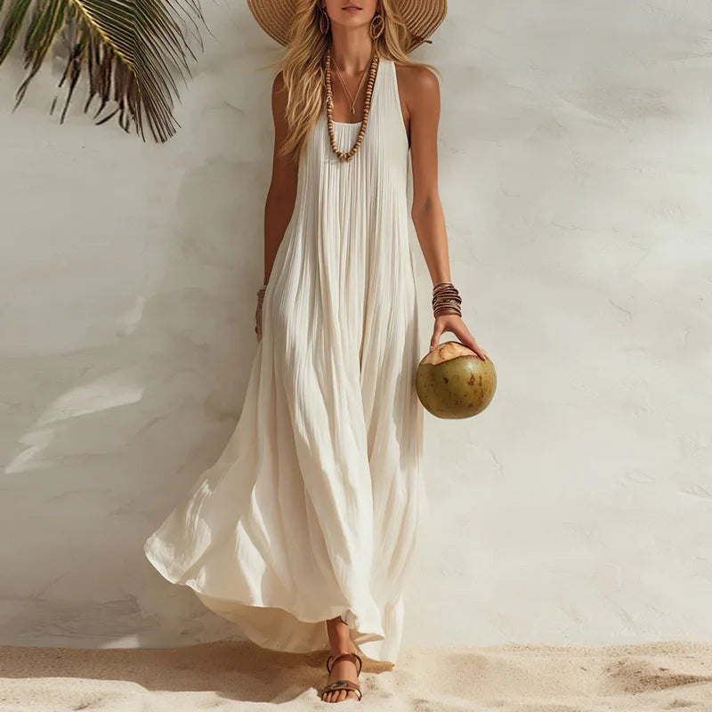 White Flowy U-Neck Boho Maxi Dress worn lifestyle