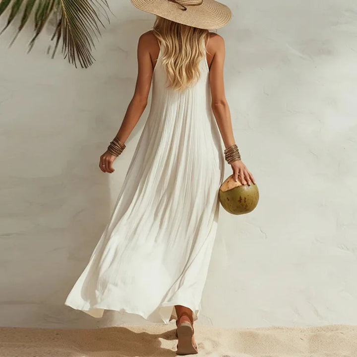 White Flowy U-Neck Boho Maxi Dress back view