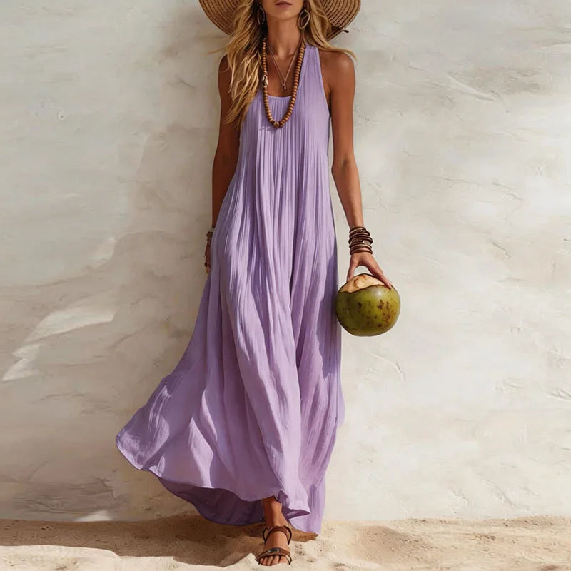 Purple Flowy U-Neck Boho Maxi Dress worn lifestyle