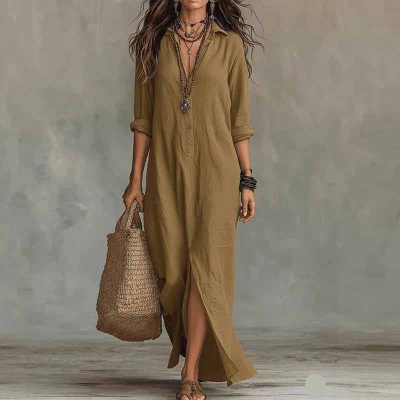 Brown Relaxed Boho Shirtdress walking lifestyle