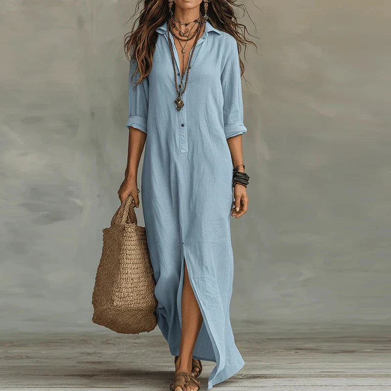 Sky Blue Relaxed Boho Shirtdress lifestyle view