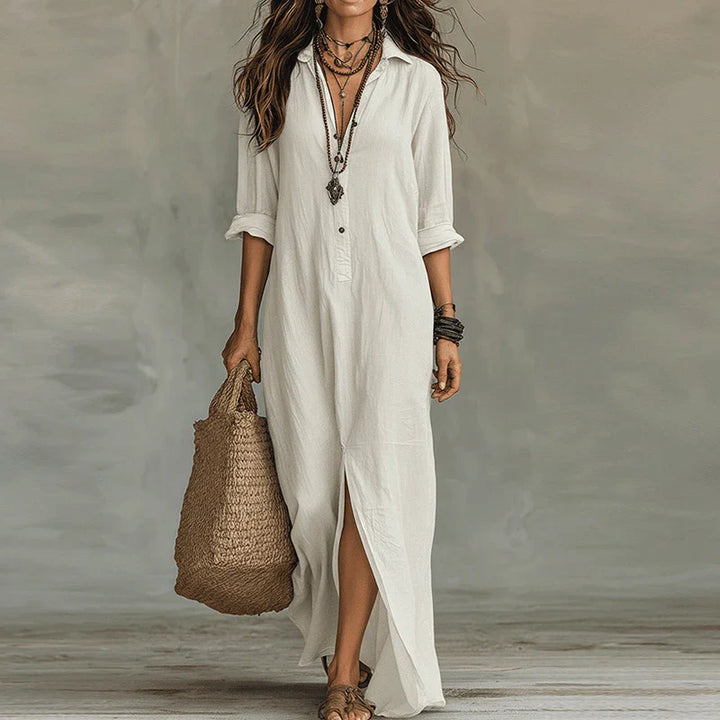 White Relaxed Boho Shirtdress lifestyle view