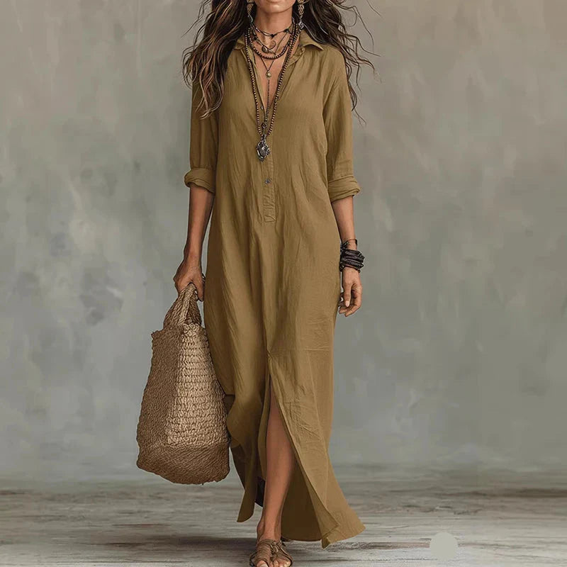 Brown Relaxed Boho Shirtdress lifestyle front view