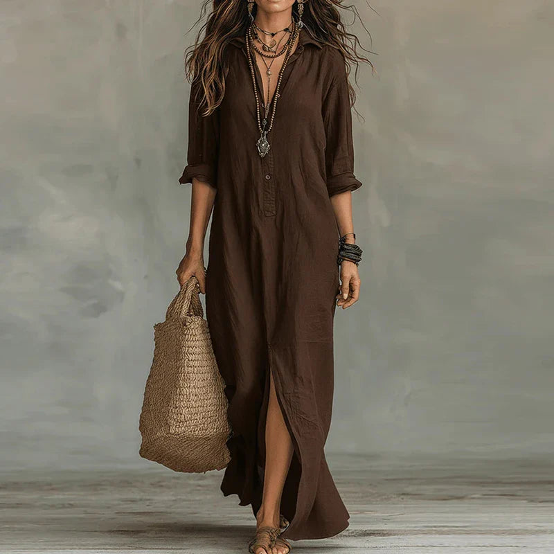Dark Brown Relaxed Boho Shirtdress lifestyle view
