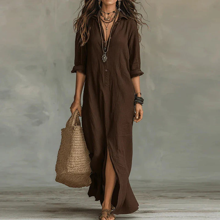 Dark Brown Relaxed Boho Shirtdress lifestyle view