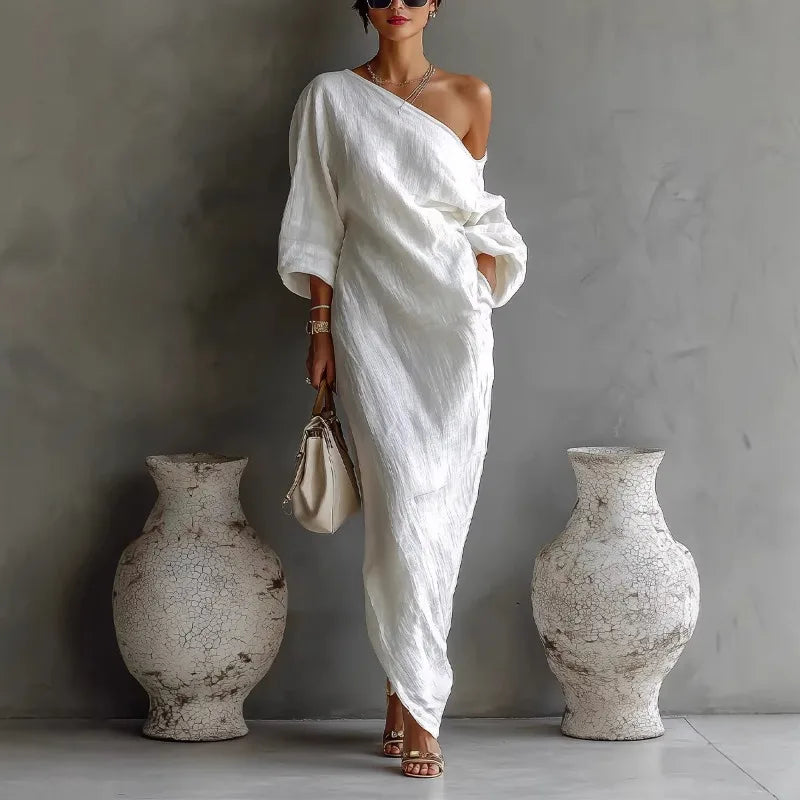 Elegant Linen One-Shoulder Summer Dress 0