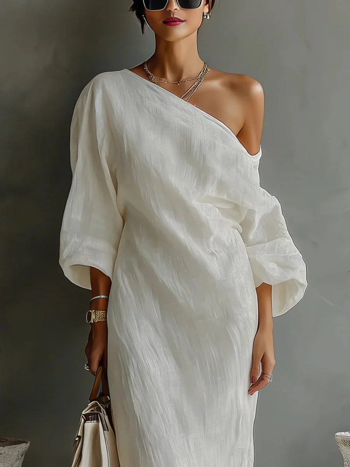 Elegant Linen One-Shoulder Summer Dress 1