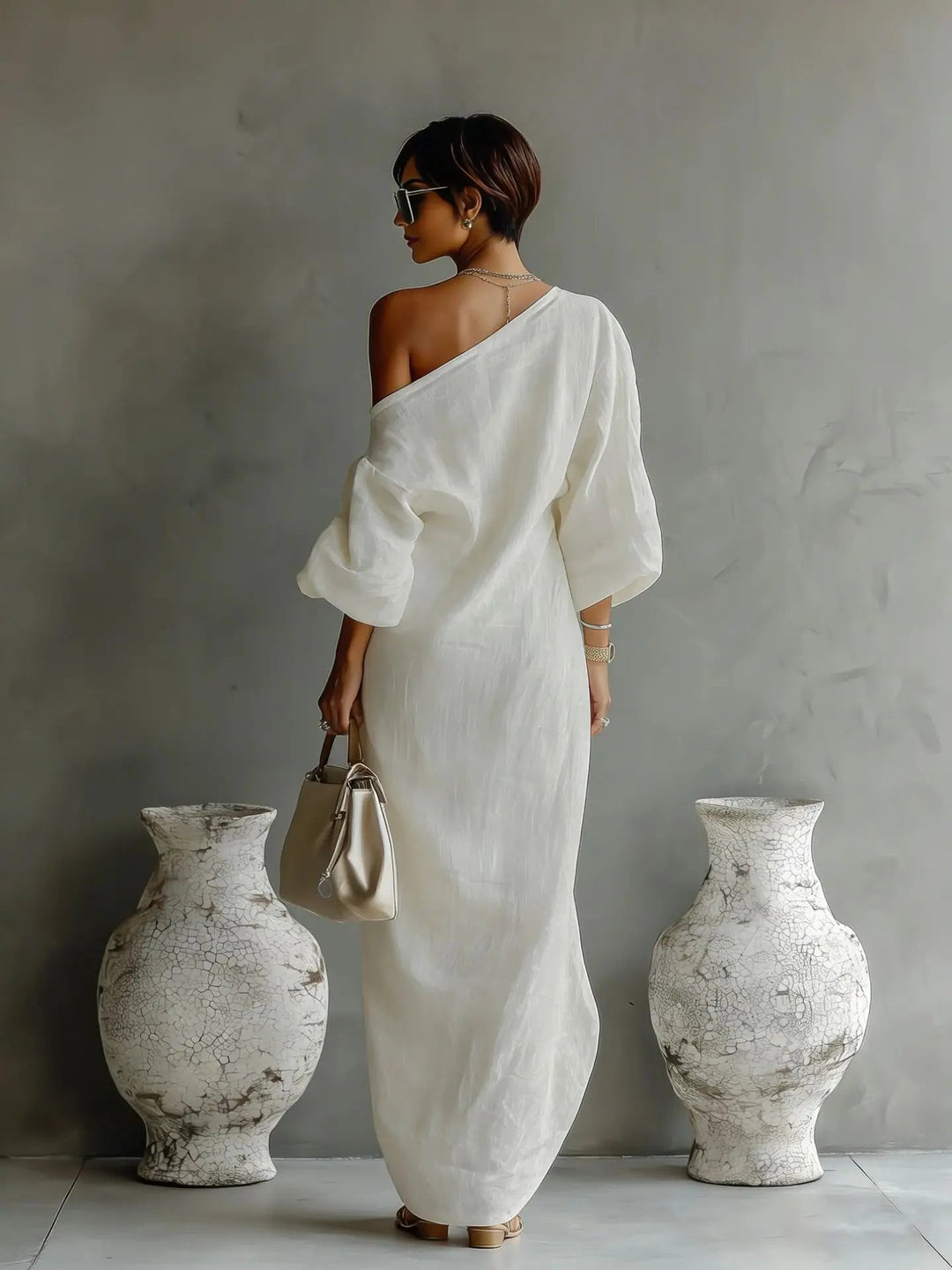 Elegant Linen One-Shoulder Summer Dress 2