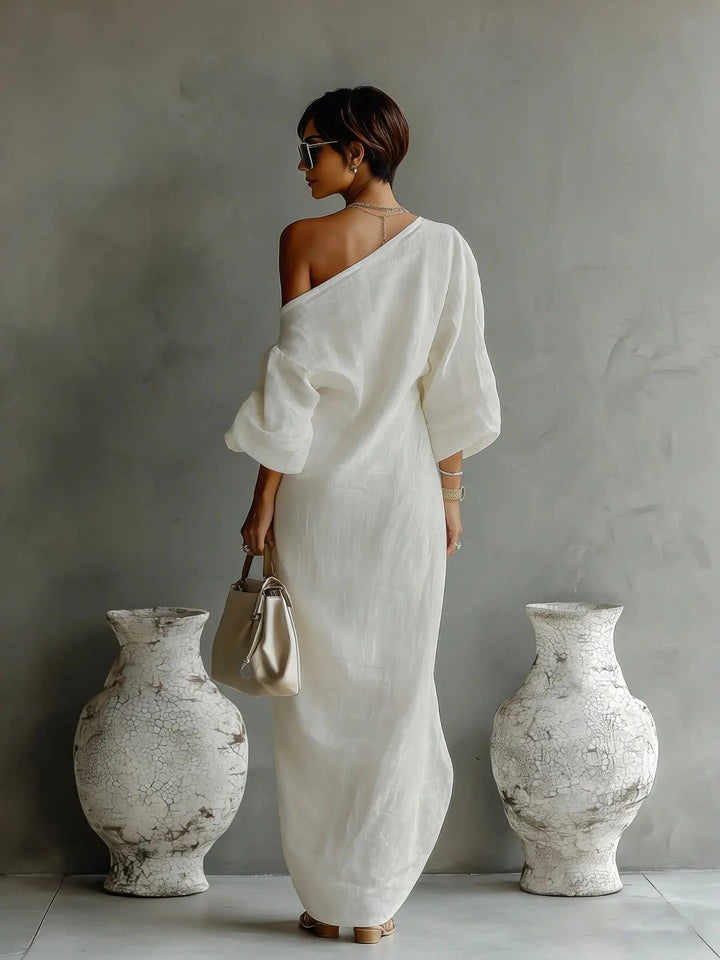 Elegant Linen One-Shoulder Summer Dress 2