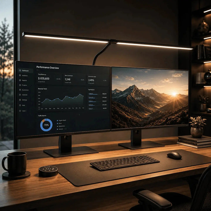 Black Dual-Head LED Desk Lamp evening desk lifestyle