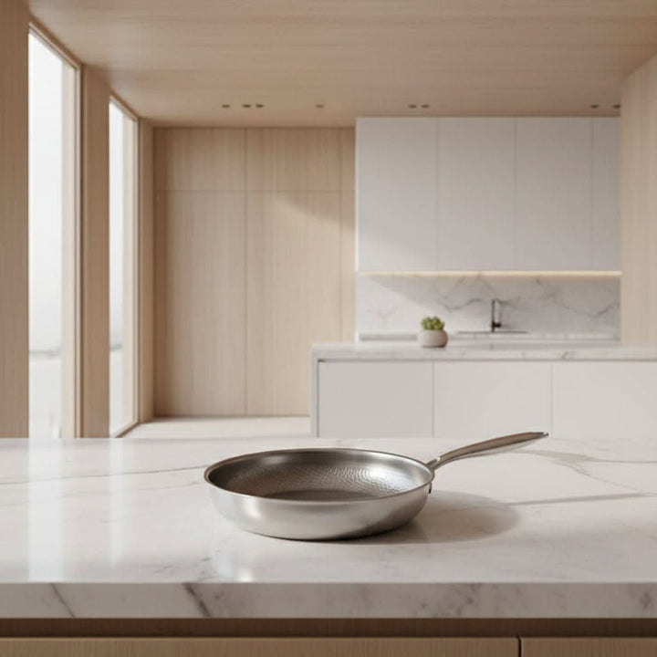 Stainless Steel Hammered Skillet lifestyle marble countertop