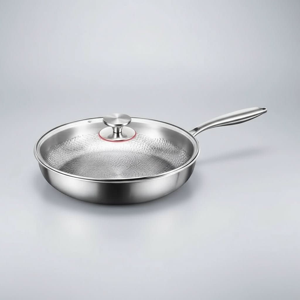 Stainless Steel Hammered Skillet with lid side view