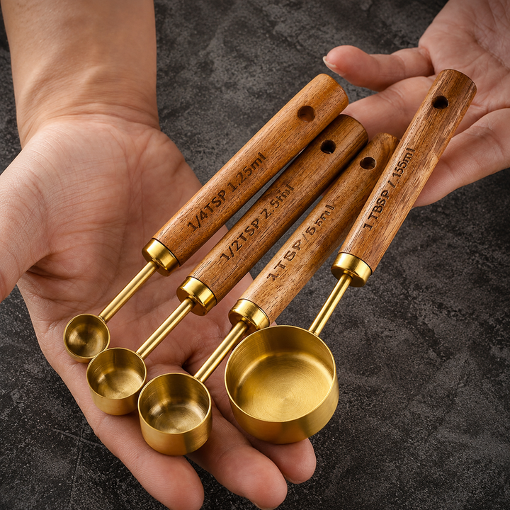 Gold Wood-Handle Measuring Set wood handle detail