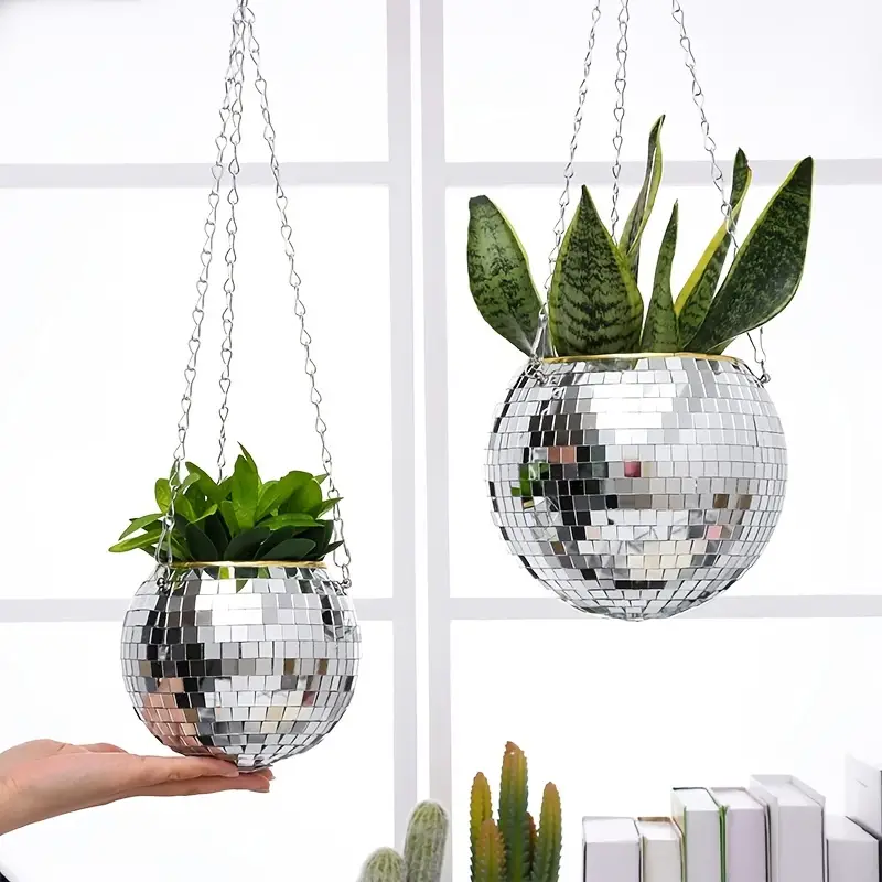 Silver Disco Ball Planters small and large sizes lifestyle indoors