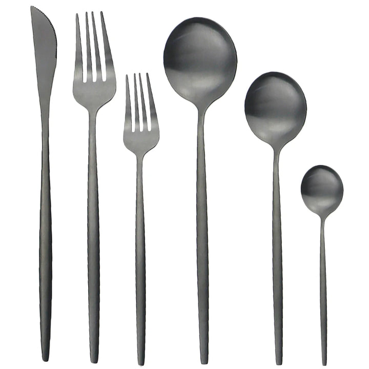 Black Stainless Steel Flatware Set flat lay