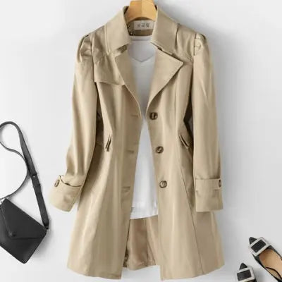 Lined Trench Coat with Slim Silhouette and Notched Lapel for Women