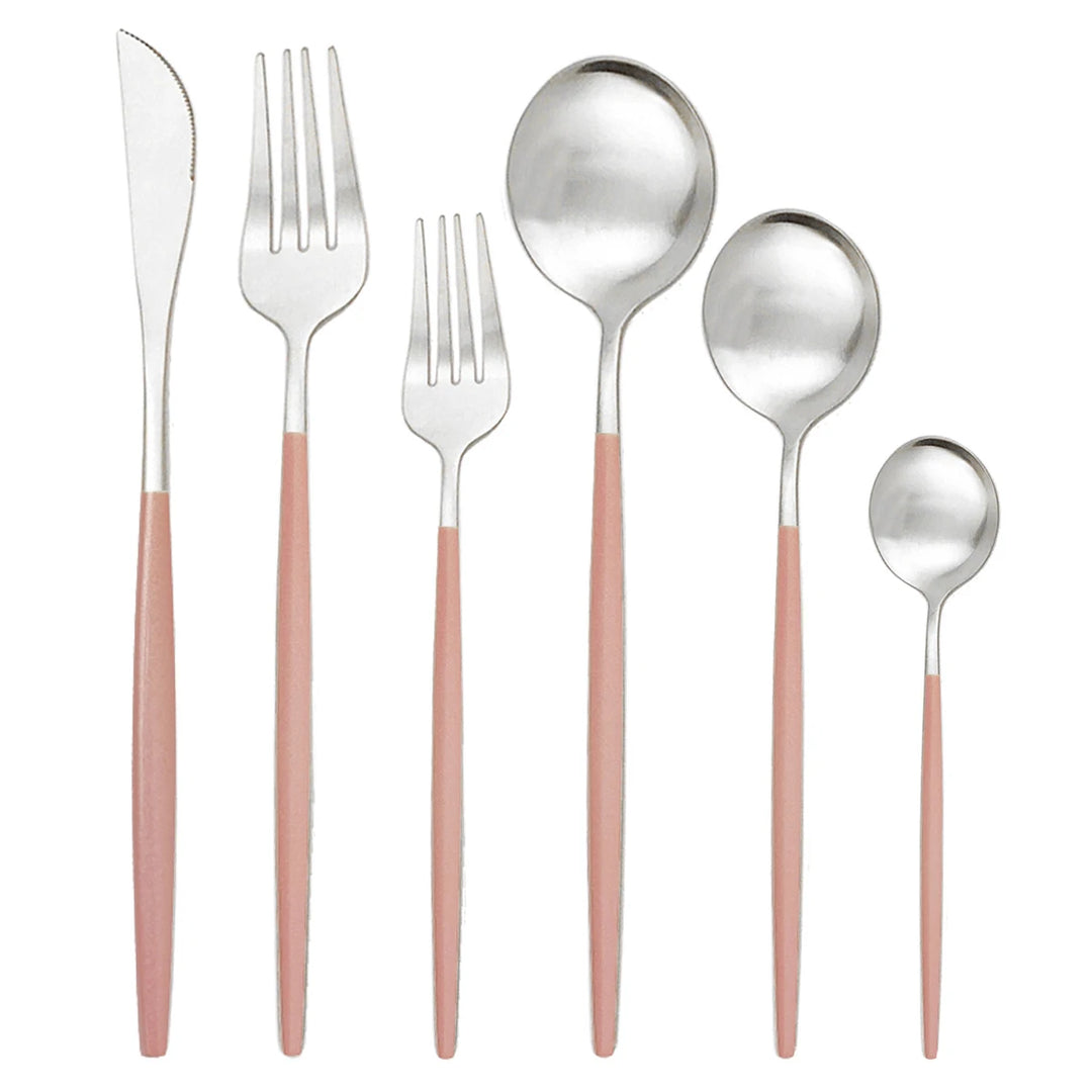 Pink Silver Stainless Steel Flatware Set flat lay