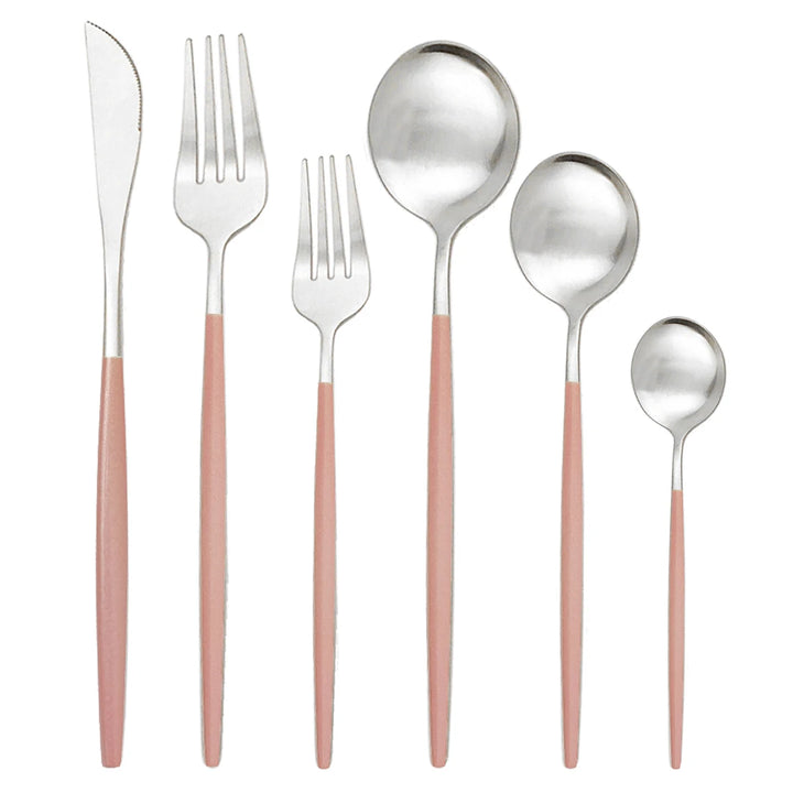 Pink Silver Stainless Steel Flatware Set flat lay