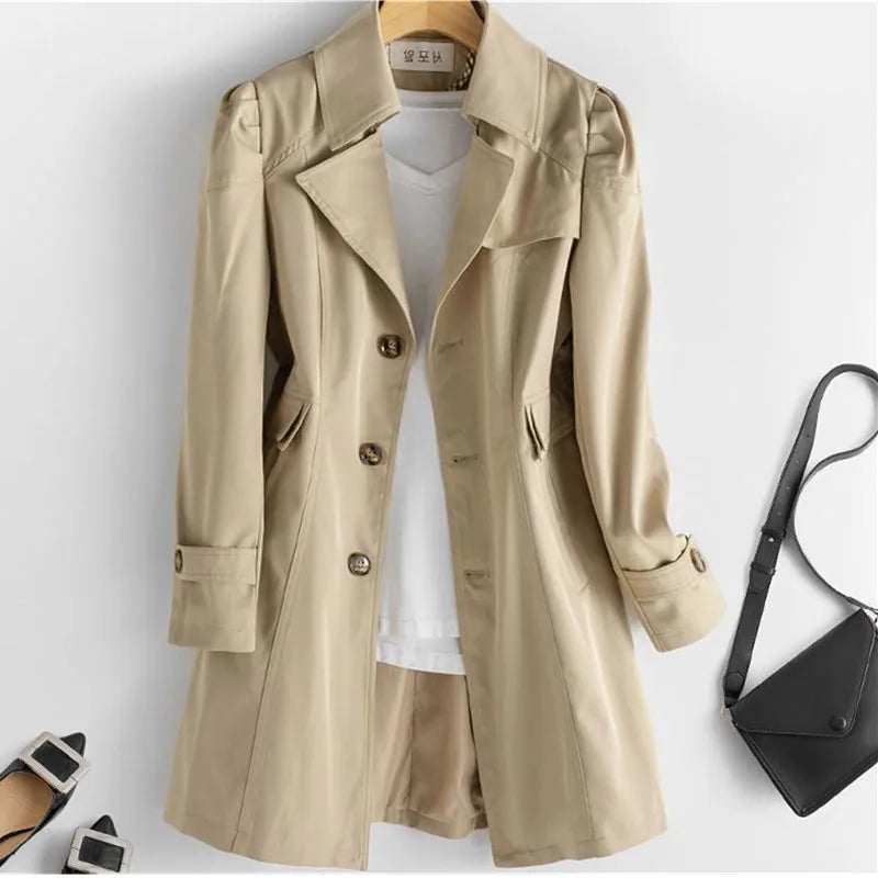 Lined Trench Coat with Slim Silhouette and Notched Lapel for Women