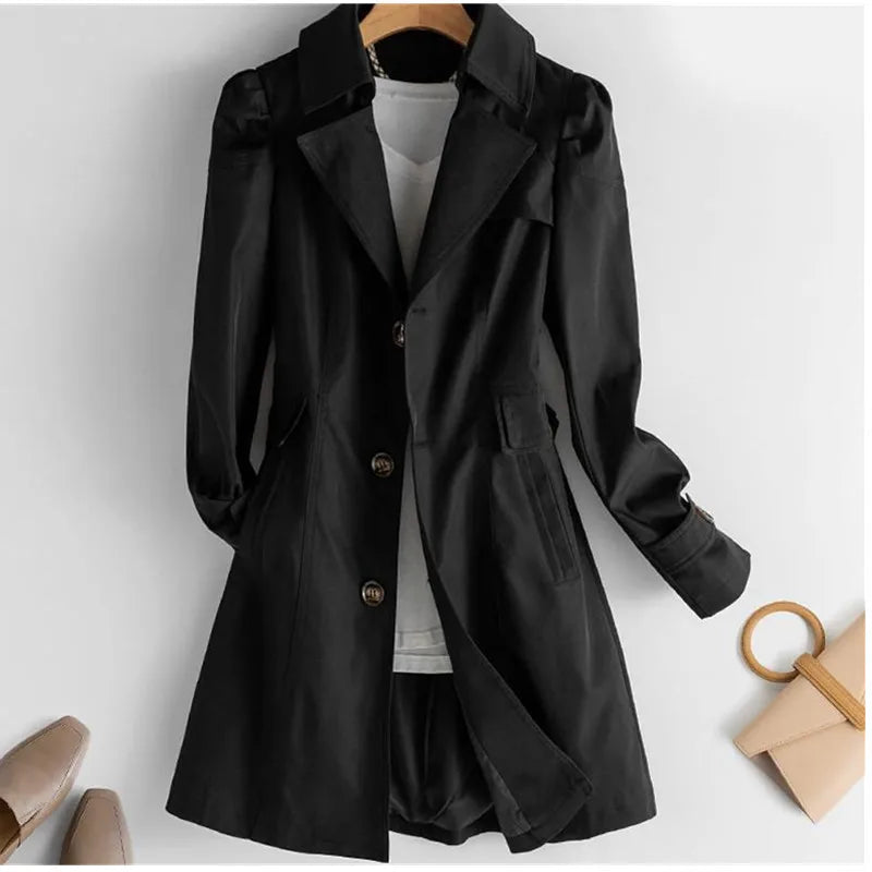 Lined Trench Coat with Slim Silhouette and Notched Lapel for Women
