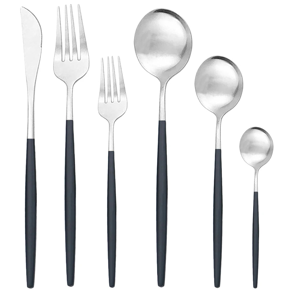 Black Silver Stainless Steel Flatware Set flat lay