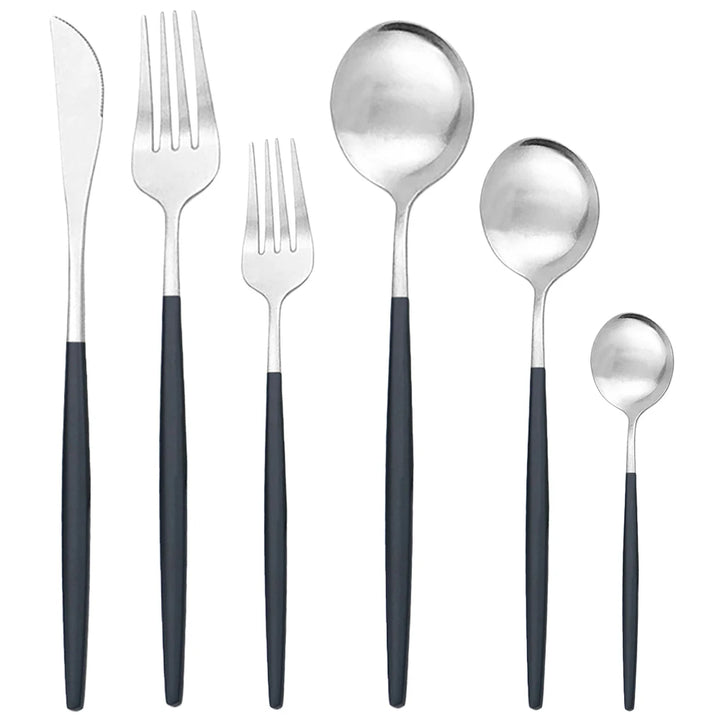 Black Silver Stainless Steel Flatware Set flat lay