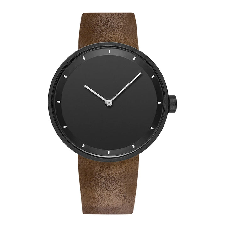 Black Brown Waterproof PU-Leather Quartz Watch front view