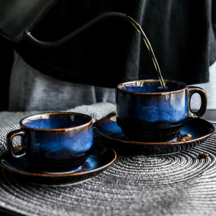 Blue Bone China Mug Set front view