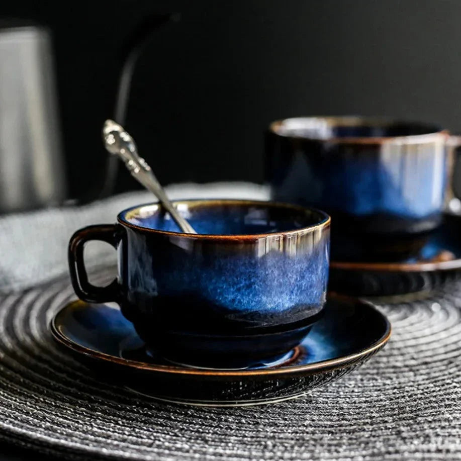 Blue Bone China Mug Set with saucer