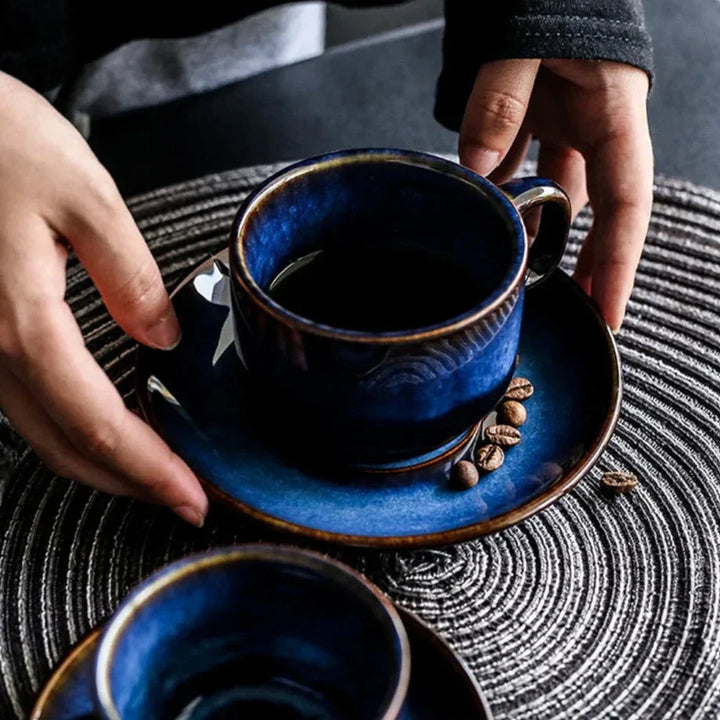 Blue Bone China Mug Set detail