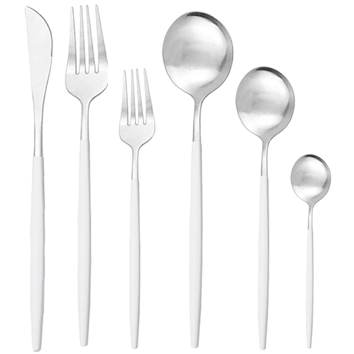 White Silver Stainless Steel Flatware Set flat lay