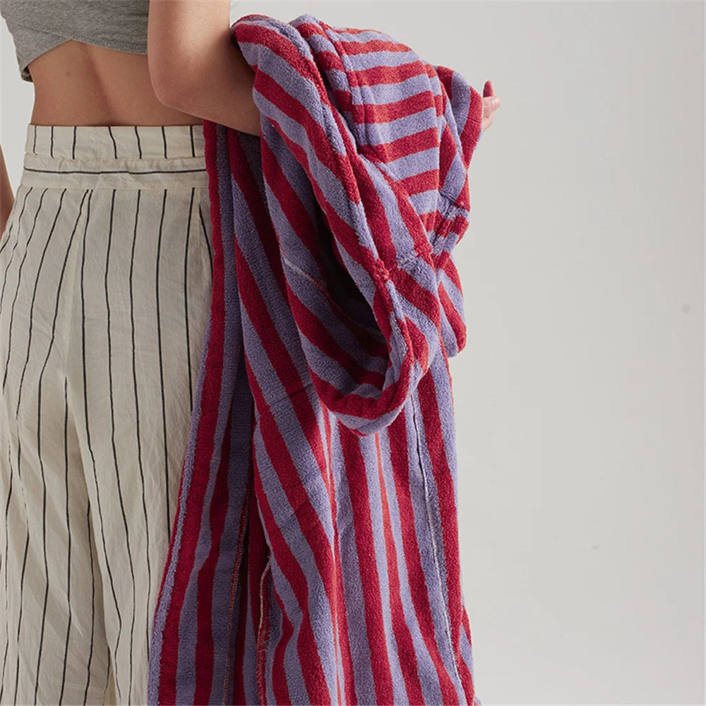 Checkerboard-Print Combed Cotton Robe with Wrap Collar and Loose Fit for Women