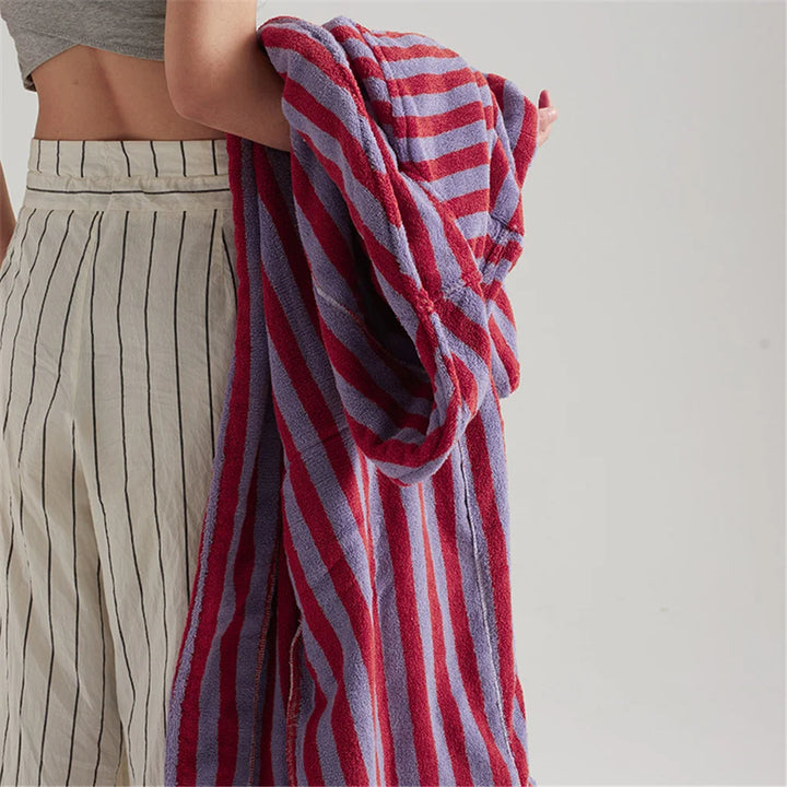 Checkerboard-Print Combed Cotton Robe with Wrap Collar and Loose Fit for Women