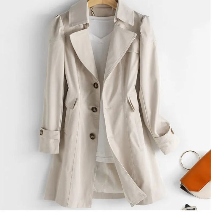 Lined Trench Coat with Slim Silhouette and Notched Lapel for Women