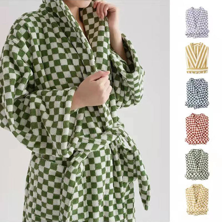 Green Striped Checkerboard Cotton Robe detail view