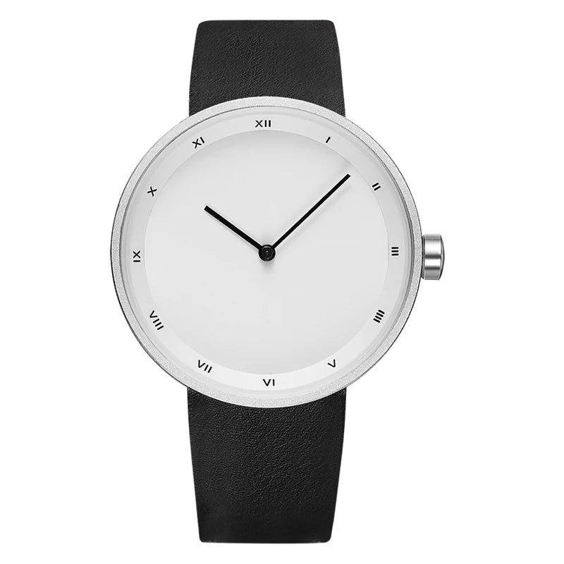 White Black Waterproof PU-Leather Quartz Watch front view