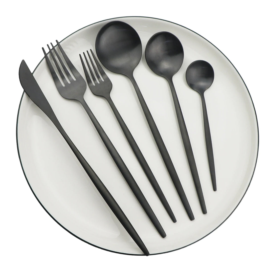 Black Stainless Steel Flatware Set place setting lifestyle