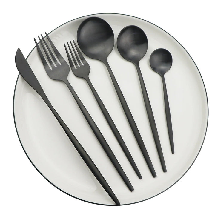 Black Stainless Steel Flatware Set place setting lifestyle