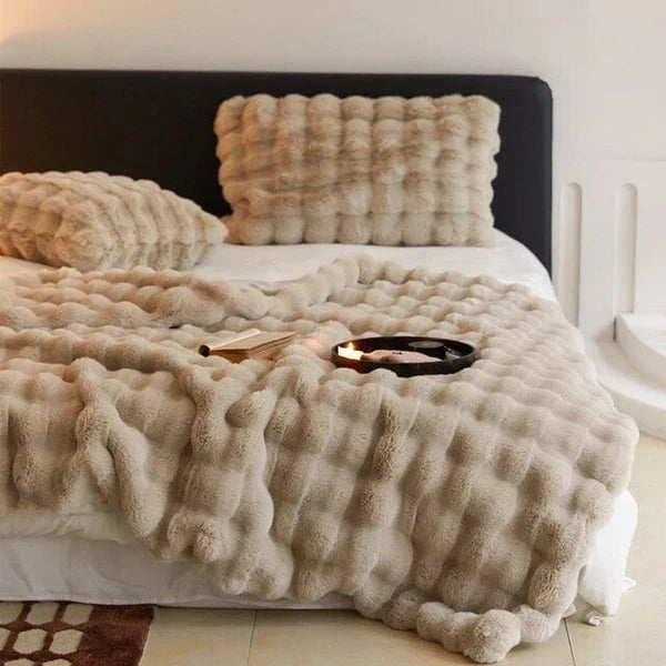 Faux Rabbit Fur Throw Pillow Cover on bed