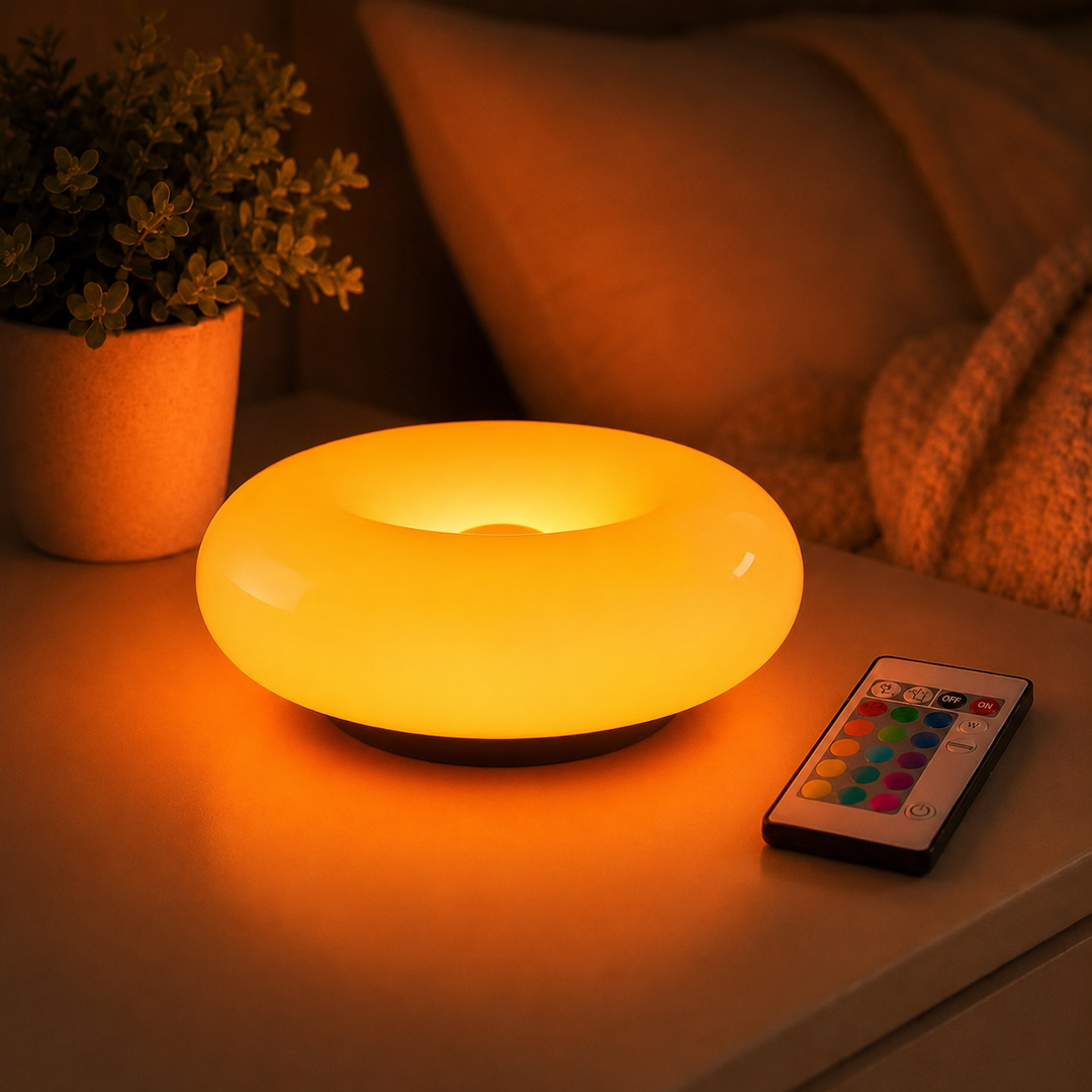 Orange Round Sculptural Table Lamp glowing lifestyle