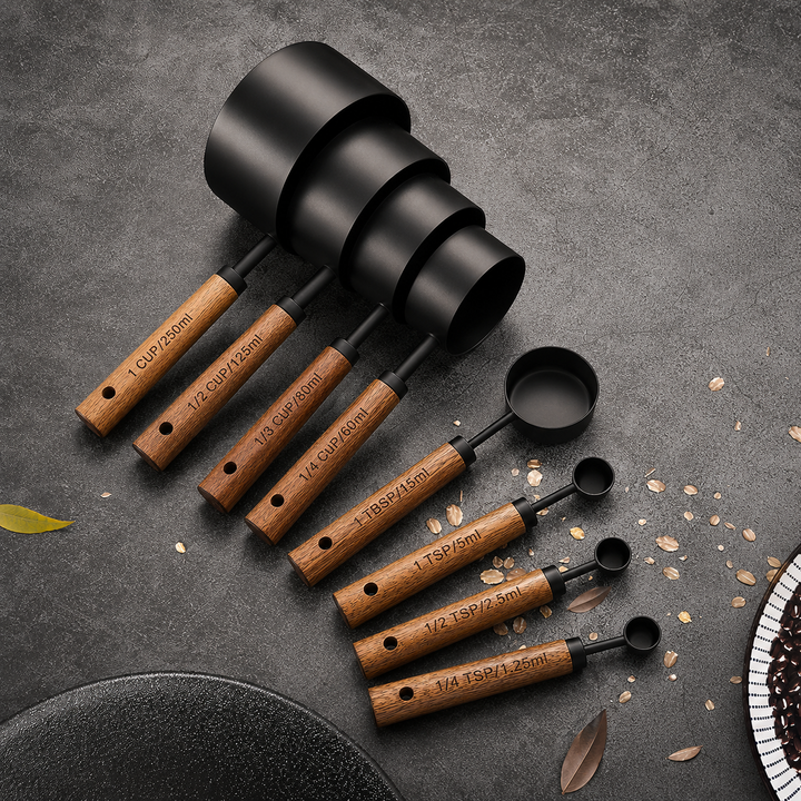 Black Wood-Handle Measuring Set full set view