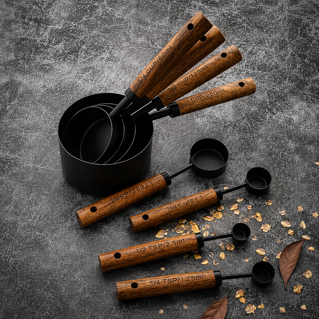 Black Wood-Handle Measuring Set wood handle detail