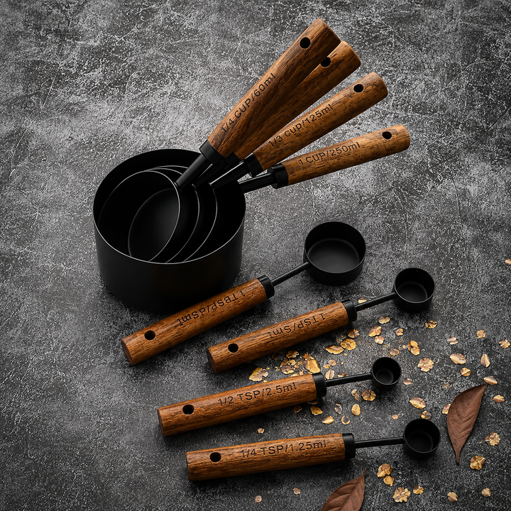 Black Wood-Handle Measuring Set wood handle detail