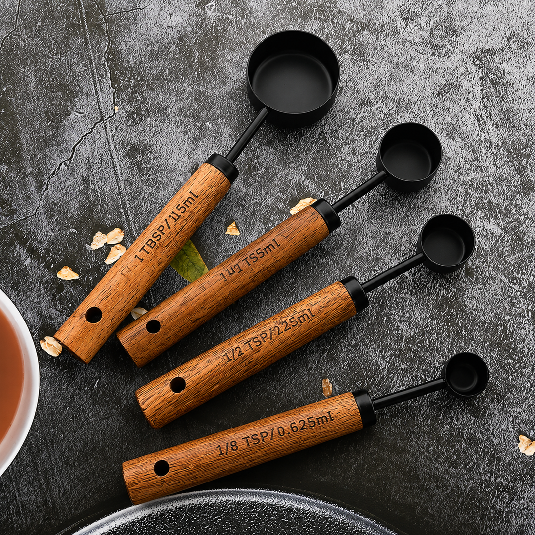 Black Wood-Handle Measuring Set stacked cups
