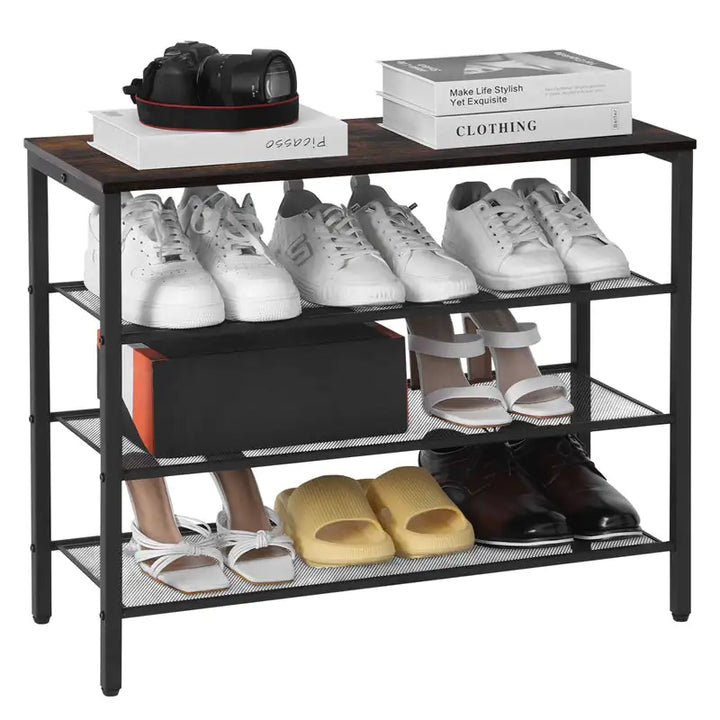 4-Tier Rustic Shoe Rack with Coat Hooks
