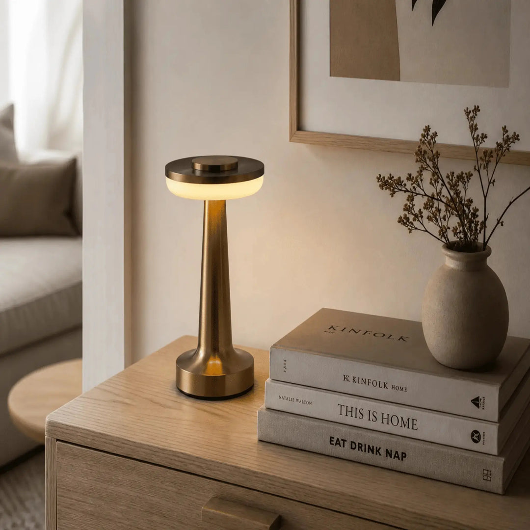 Cordless Touch Dimmer Desk Lamp illuminating a room at night