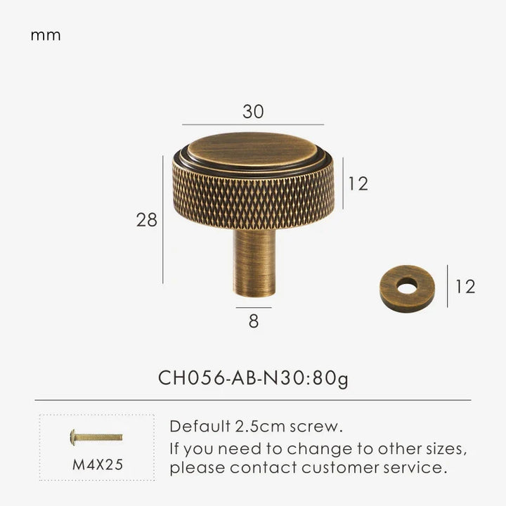 Diamond-Knurled Brass Cabinet Knob dimension diagram