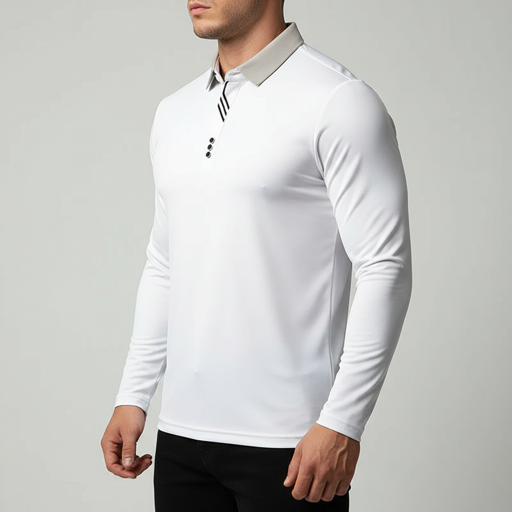 Knit Long-Sleeve Polo with Contrast Collar